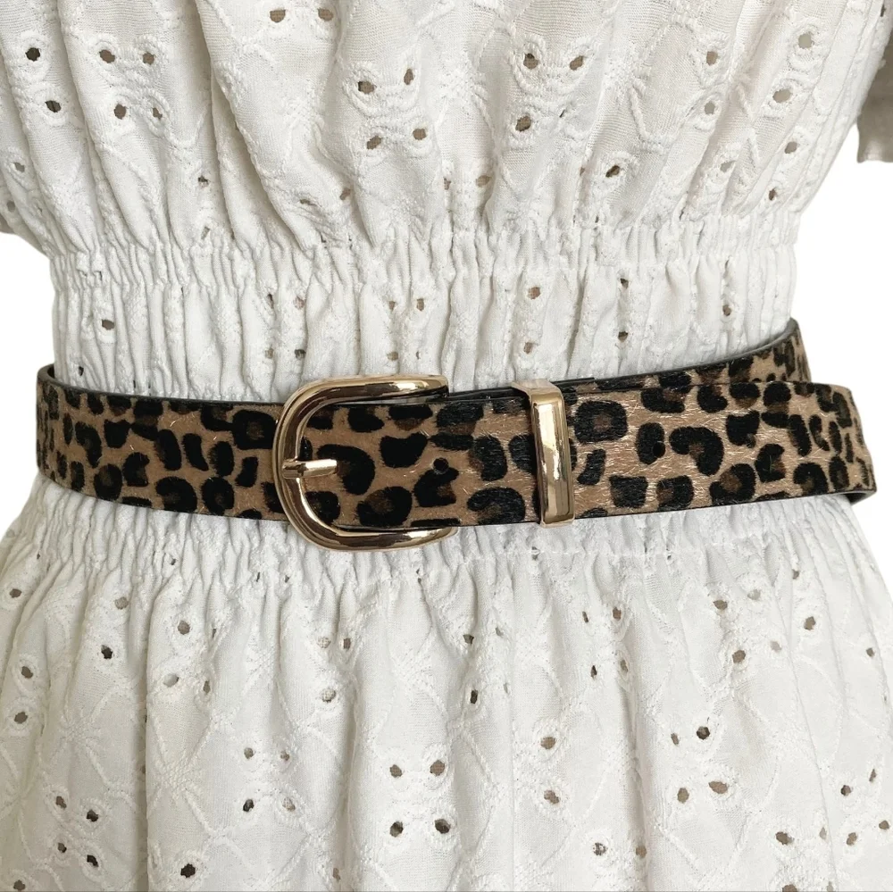 Leopard Faux Calf Hair Belt Gold Buckle Animal Print XL/ 1X Casual